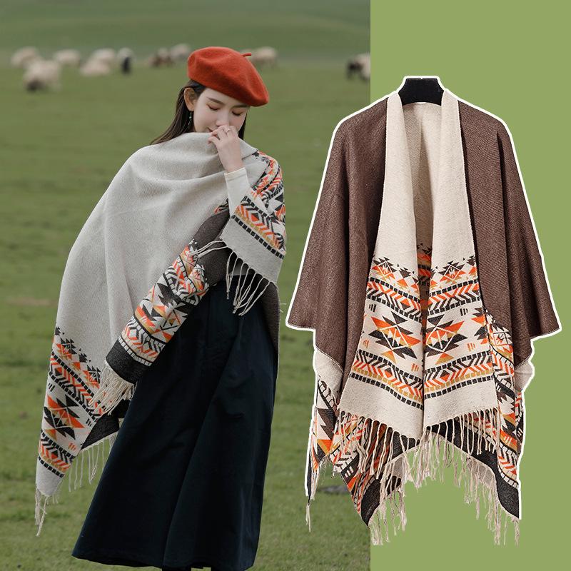 Women's Ethnic Shawl: Northwest Travel Cape, Thick Warm Scarf Cloak