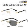 Neutral Fashion Rimless Photochromic Glasses Men'S High-Definition Hyperopia Glasses New Fashion Color-Changing Glasses +3.5+4.0
