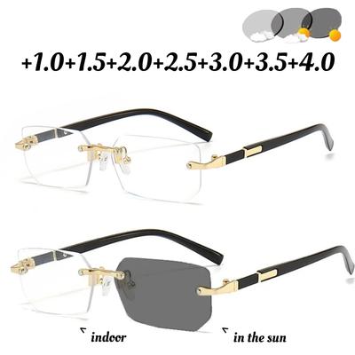 Neutrale Mode Randlose photochrome Brille Herren Hochauflösende Weitsichtigkeitsbrille Neue Mode Farbwechselbrille +3.5+4.0