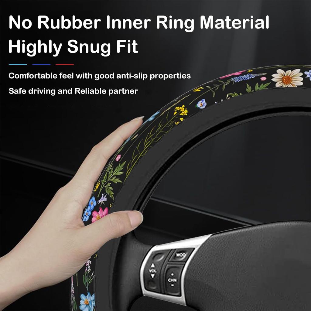 Wildflower Steering Wheel Cover, Flower Car Accessory For Diverse Cars, Steering Wheel Cover Non-Slip Breathable Fabric Absorbing Sweat Universal Car