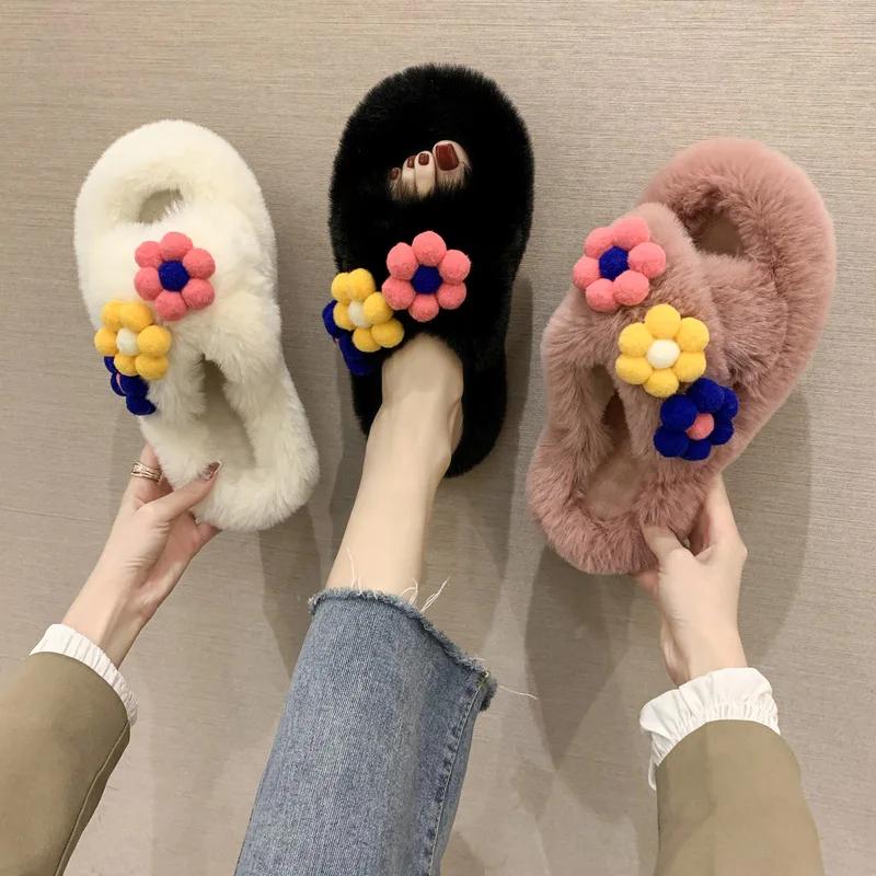 Slippers Women Winter Cute Fluffy Fur Slipper Flower Home Slides Platform Flat Indoor Floor Flip Flops Women Ladies Shoes 2024
