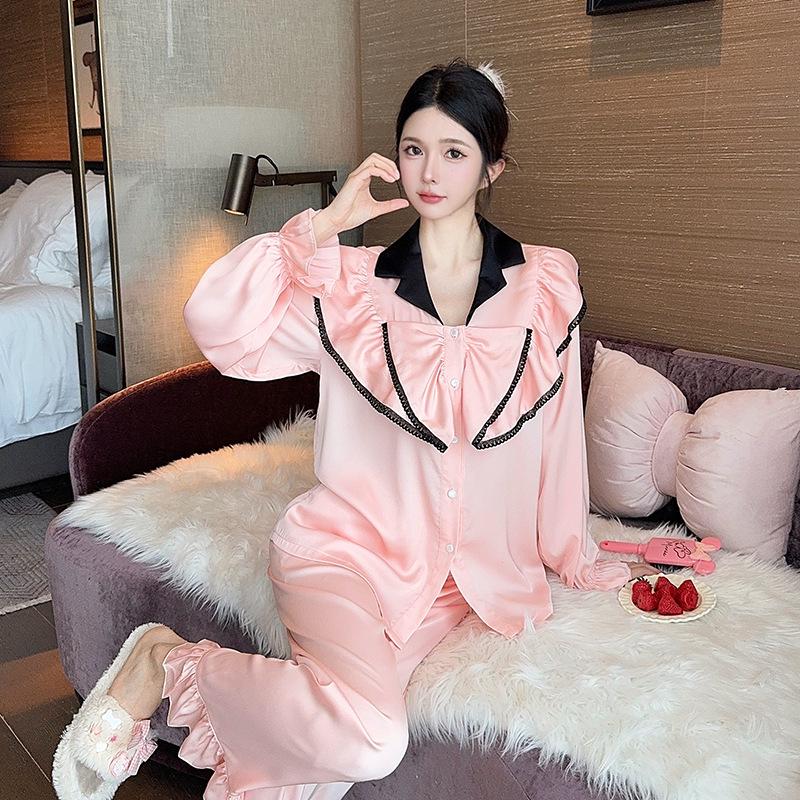 

«Пижамный комплект из высококачественного шелка Ice Silk с длинными рукавами для весны и осени — элегантная домашняя одежда во французском стиле» Medium розовый