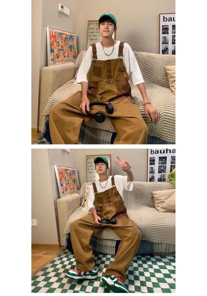Men's Japanese Retro Reversible Neutral Overalls - Orange & Brown, Loose-Fit, Couple's Style.