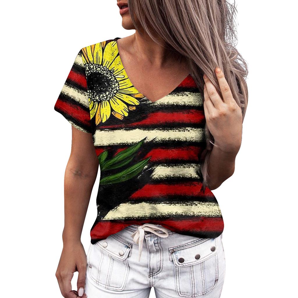 Summer Women Floral Print V Neck Short Sleeve Loose 3D T Shirt