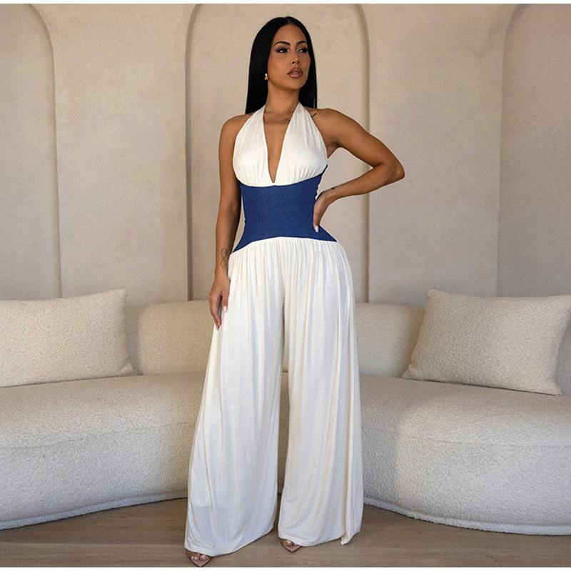 Halter Neck Sleeveless Stitching One-piece Wide-leg Pants Summer Ladies One-piece Casual Fashion Commuter Style