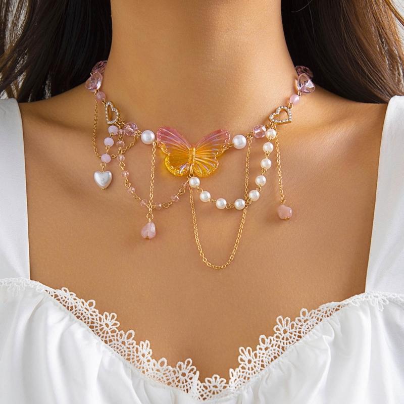 Strawberry Necklace Imitation Pearl Choker Bohemia Layer Crystal Clavicle Chain Delicate Sweet Necklace for Women Girl