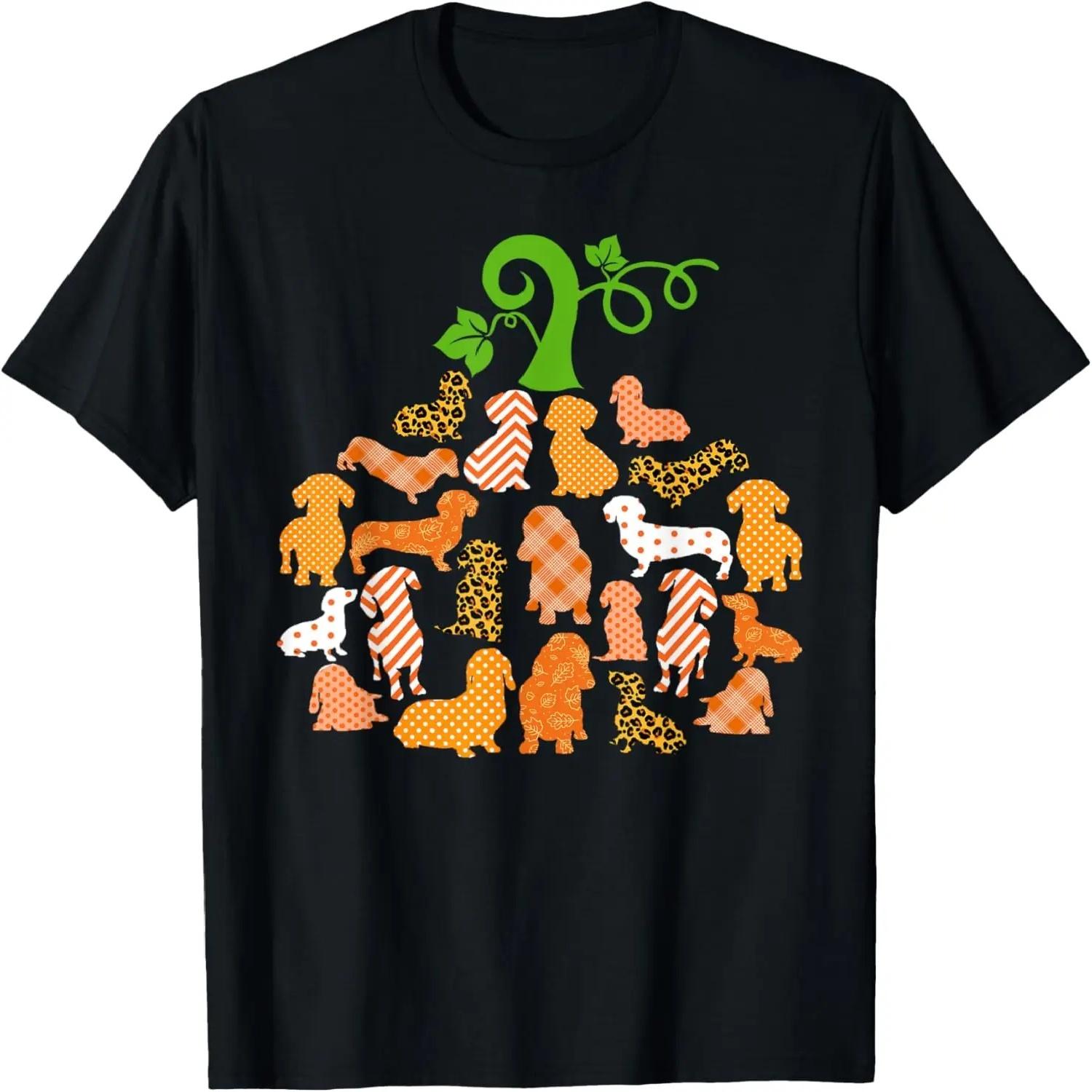 Dachshund Pumpkin Shape Plaid Leopard Dog Autumn Halloween T-Shirt S