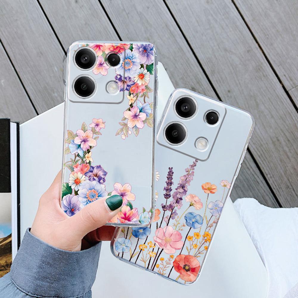 Ink Peony Wildflower Floral Clear Phone Case For Xiaomi Redmi Note 13 12 11 8 9 10 Pro 12s Shockproof Soft TPU Transparent Cover