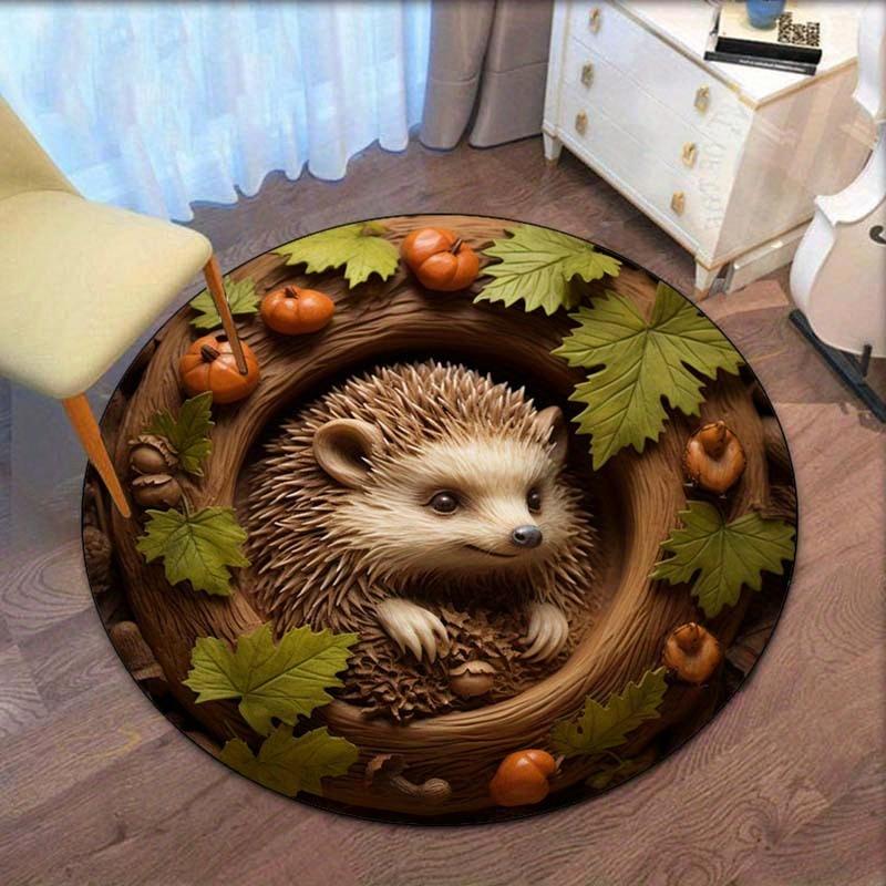 

Hedgehog Autumn Leaves Round Rug Nature Forest Theme Kids Room Decor Cozy Home Floor Mat Crystal Velvet Carpet 120cm