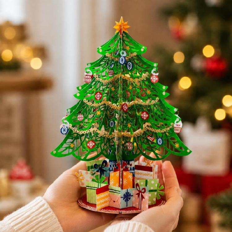 Christmas Card with Freestanding Tree Construction, Paper Greeting Card for Personal Holiday Messages and Gift Presentation, 1 Card