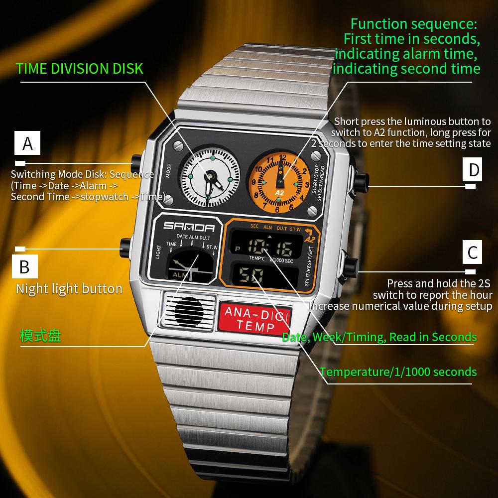 SANDA Electronic Watch Men Square Steel Band Digital Wristwatch Temperature Measurement Stopwatch Timing Multifunctional Watch