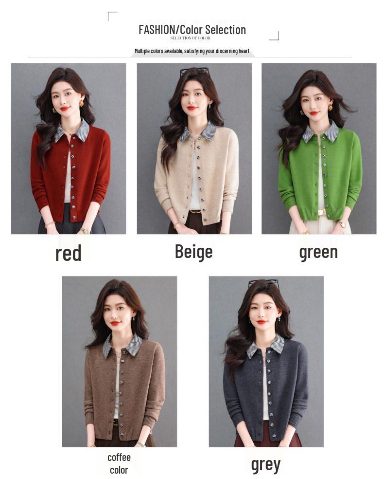 Women's Spring 2026 Lapel Knit Cardigan: Multi-Button Patchwork Color Block Style, Short Age-Reducing Jacket