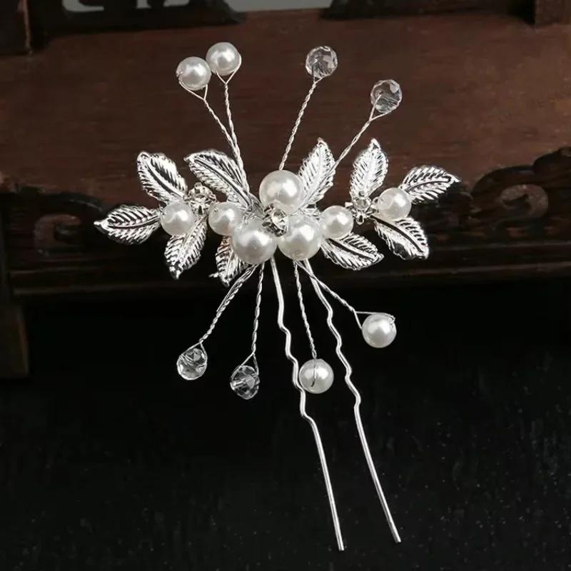 Pearl Flower Hairpin Side Comb Wedding Hair Accessories Leaf Shaped Tiaras Bride Insert Hair Clip Jewelry Fashion Headwear