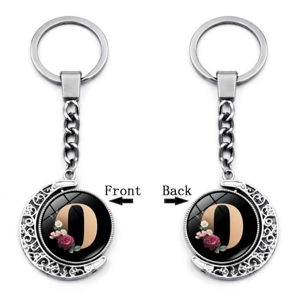 Alphabet Letter Keychain Metal Initial Pendant Key Ring with Floral Print Double Sided Design for Bag Purse Accessories