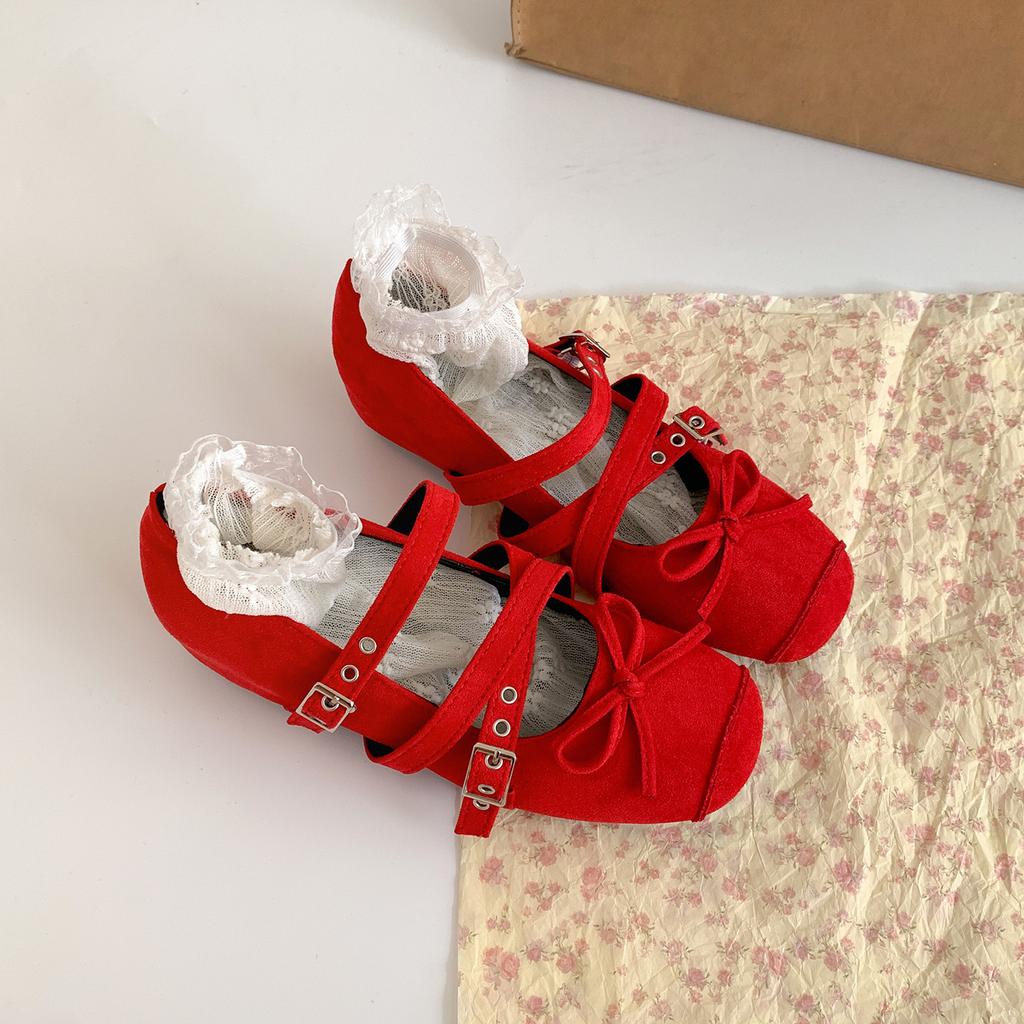 Red retro versatile round head inner height increase shallow mouth flat-soled single shoes women's summer 2025 new soft-soled Mary Jane shoes