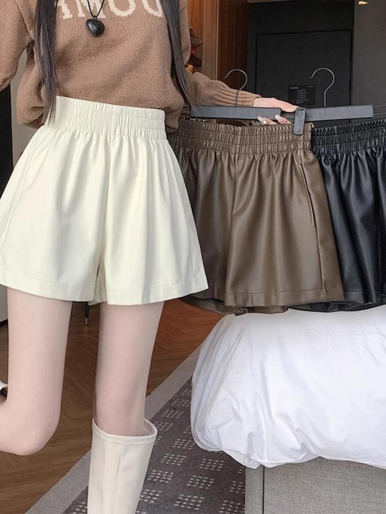 Women's High-Waist Black Leather Shorts: Small, Wide-Leg, Casual Autumn/Winter Base Layer.