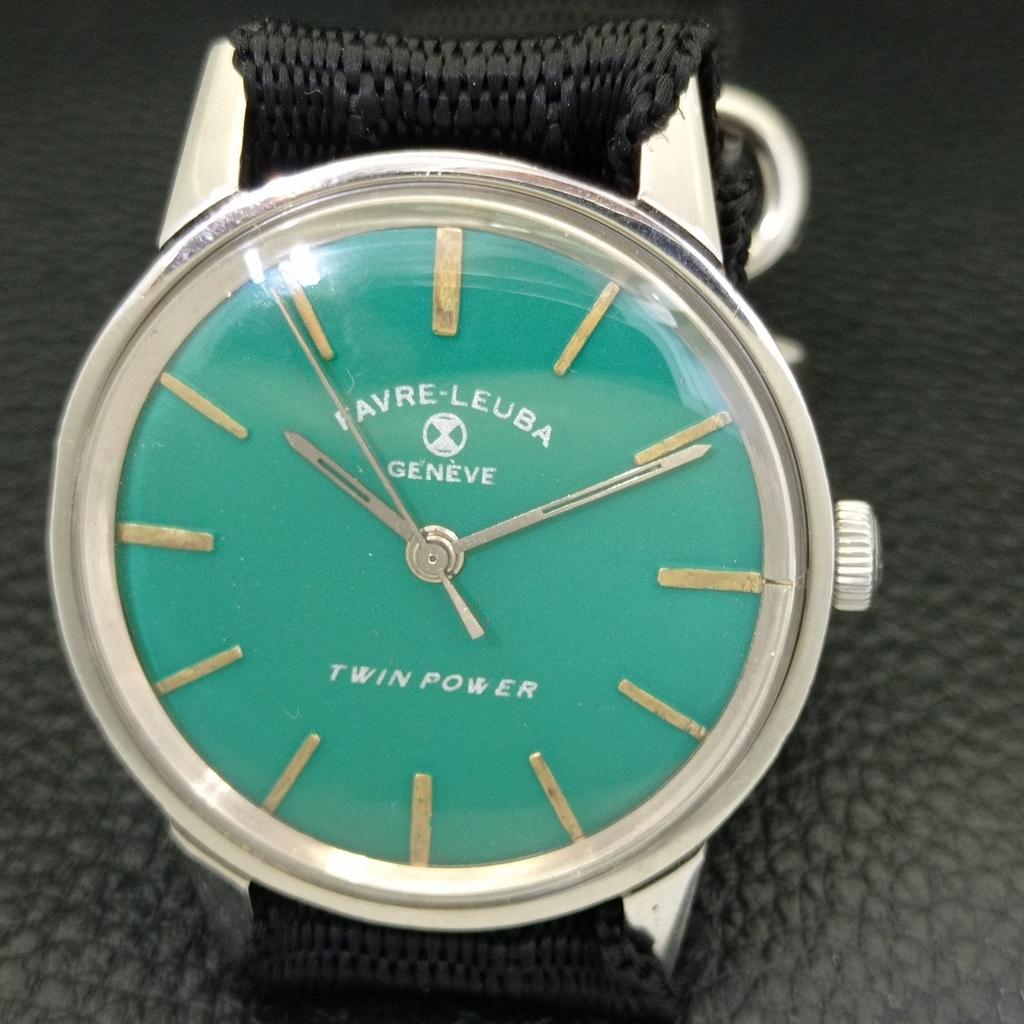 VINTAGE FAVRE LEUBA TWIN POWER 253 HAND-WINDING SWISS MENS GREEN WATCH A702048-5 R208-a702048