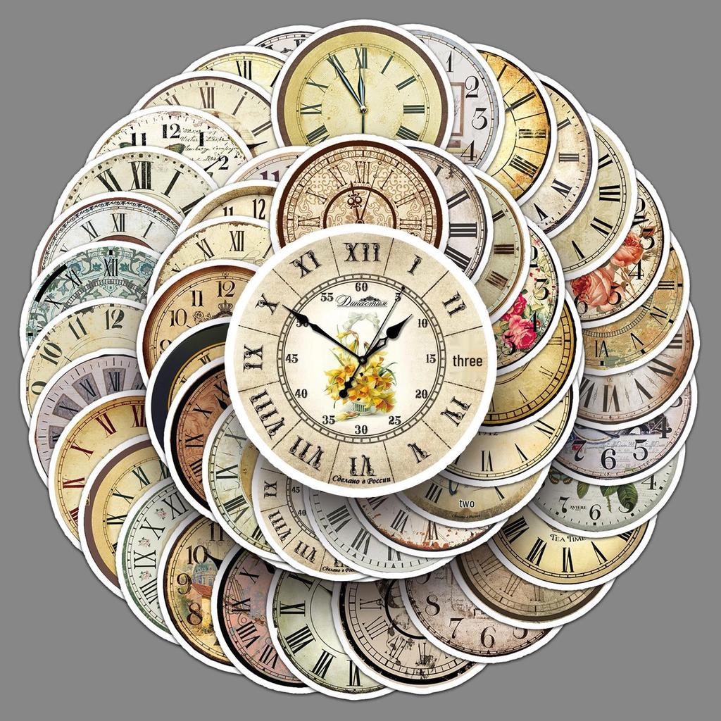 50pcs Vintage Clock Graffiti Creative Stickers - Waterproof Decor for Phone Cases & Suitcases