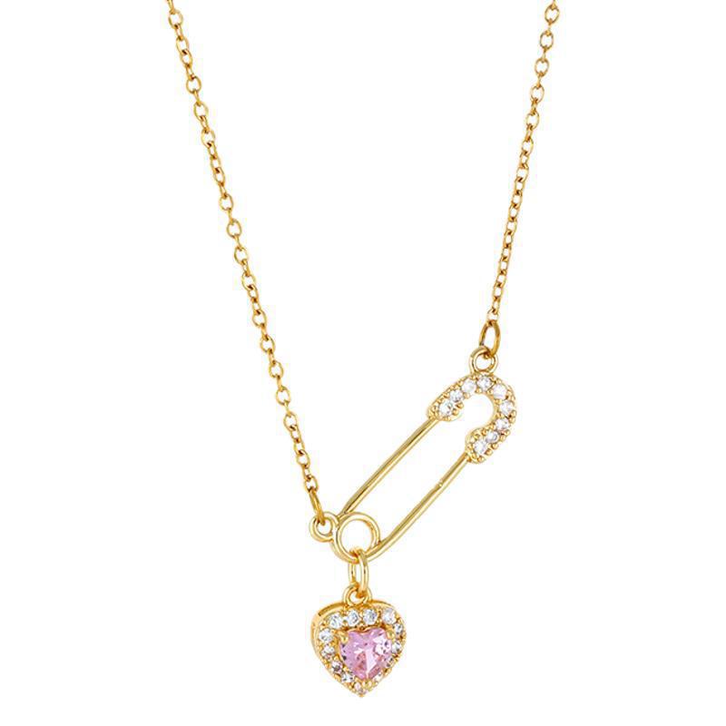 High-End Geometric Pink Diamond Collarbone Necklace with Water Drop Brooch