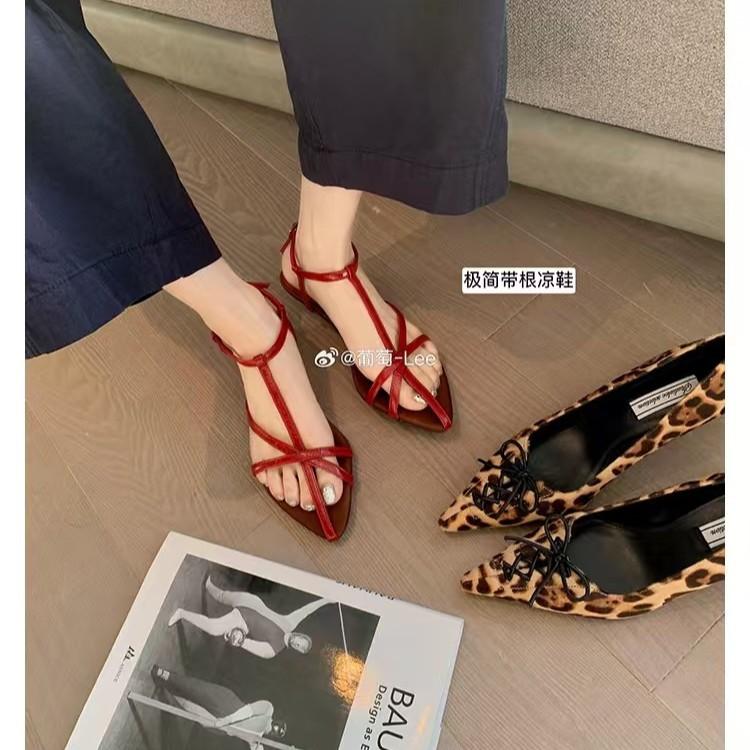 

French Crossed Strap Elegant Pointed Open-toed Roman Sandals Women s Summer Leather 40