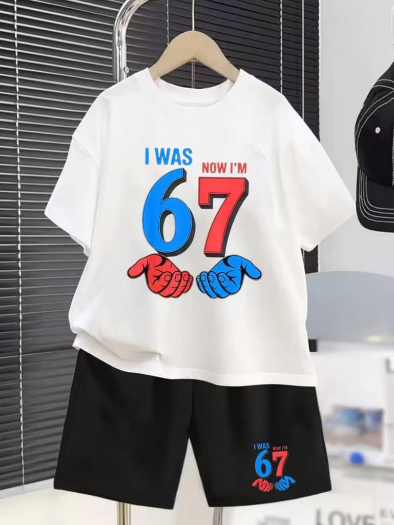 67 Meme T-Shirt for Kids 6-7 Years Old Birthday Party Gift Summer T-Shirt Short Pant Set Casual Boy Girl Short Sleeve Shorts Set