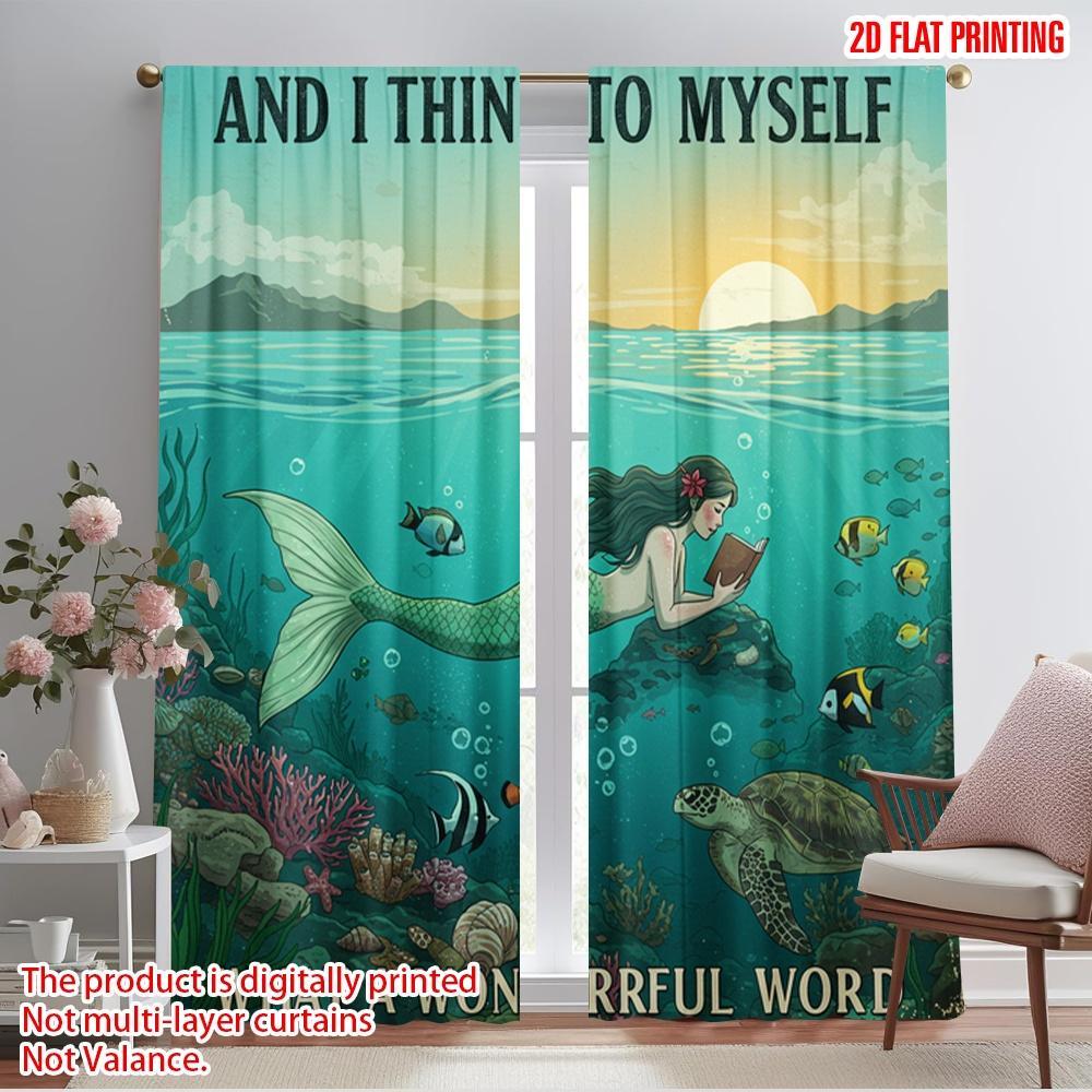 

2pcs 2D flat printing Curtain Mermaid Reading Wonderful Ocean Polyester Fabric Without Electricity Festive Holiday Use for 52.50×116.00 CM 2pcs