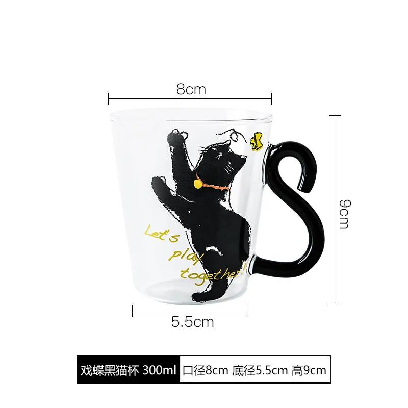 1PCS Cute Cat Glass Juice Coffee Cup Milk Tea Coffee Glass Mug Cat Tail Handle Cat Valentine's Day Lover Gifts Stainless Spoon
