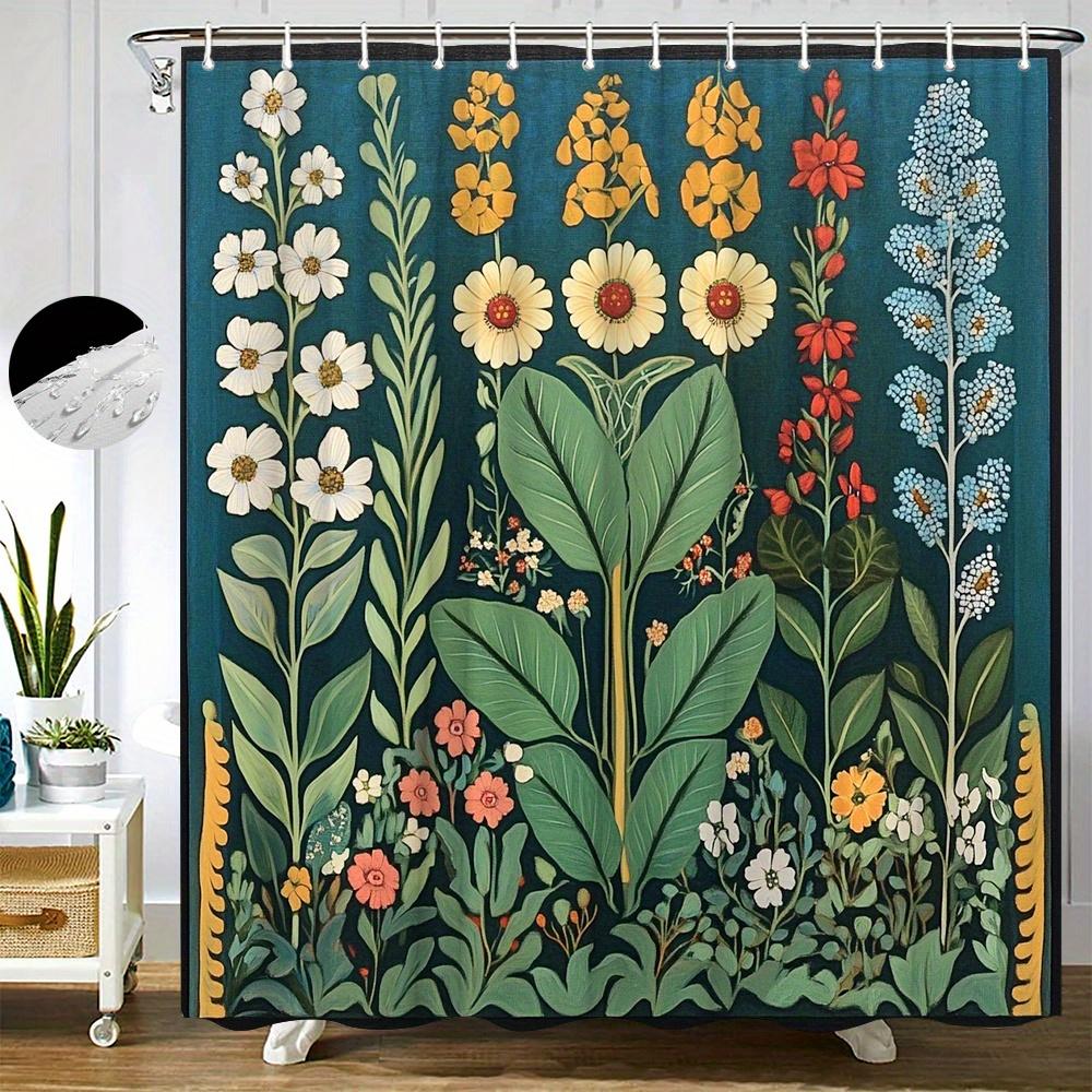 

1pc Vintage Botanical Shower Curtain - Lush Green Plants with Bright Yellow, Red & Blue Flowers on Deep Teal, 70x70 Inch Polyest 90x180cm