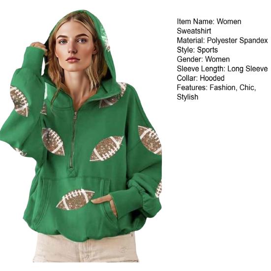 Hooded Sweatshirt for Women Half Zip Oversized Hoodies with Sequin Rugby Print Fall Casual Pullover Tops with Pockets