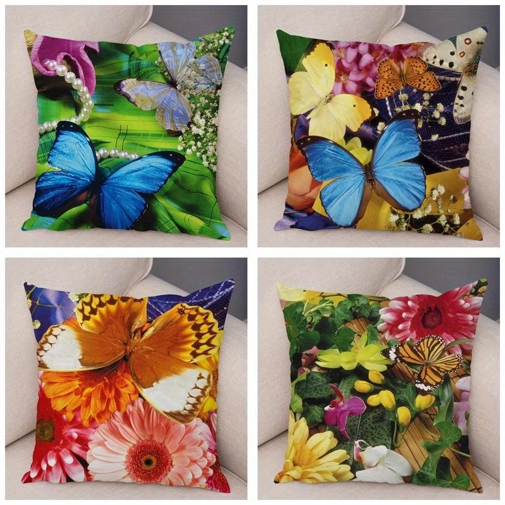 Colorful Butterflies And Blooming Flowers Pillow Pattern Cushion Cover Suitable For Sofa Bedroom Car Pillow Cover