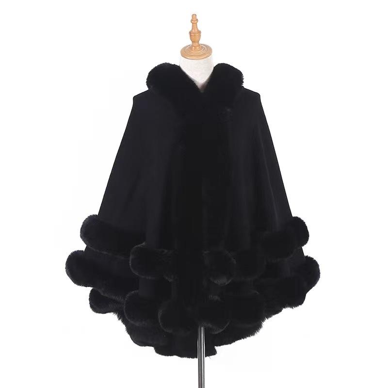 European & American Plus Size Fur Collar Hooded Cloak Shawl Women's Knit Cardigan Cape Coat for Autumn & Winter