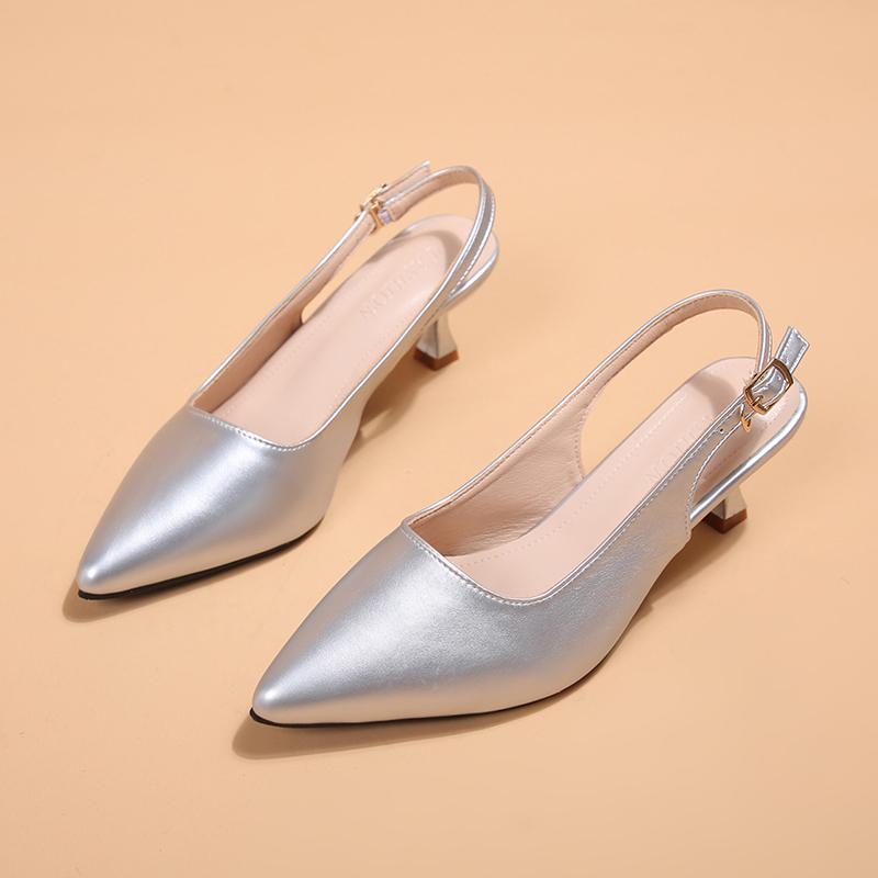 

Модные серебристые туфли на высоком каблуке, сандалии-мюли для женщин, большие размеры, туфли-лодочки с острым носком для вечеринок, женские, удобные туфли с пряжкой и открытой пяткой, женские 35