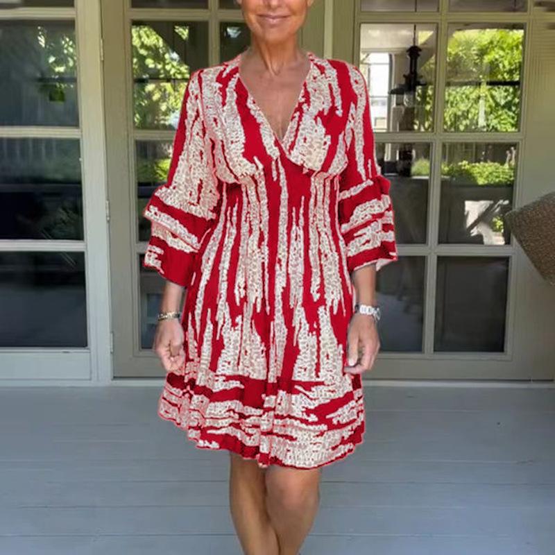 

New dress waist horn sleeve V-neck dress summer women s clothing XXXL червоний
