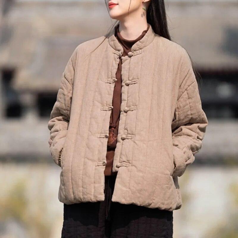 Johnature Women Chinese Style Parkas Solid Color Stand Long Sleeve Winter Coats Button Plus Cotton Warm Parkas