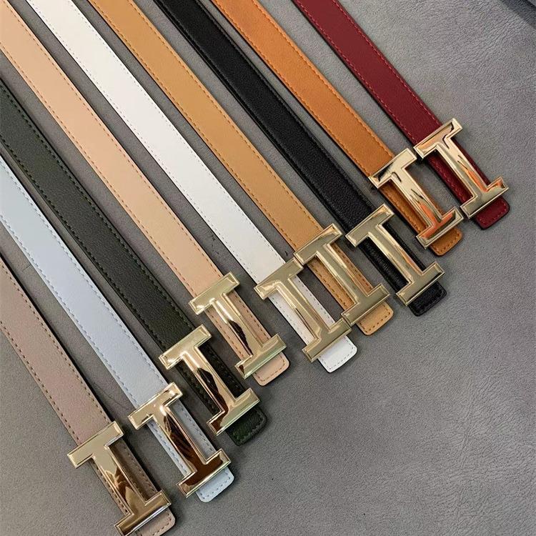 Women's Thin Leather Waist Belt - Simple Korean Style with Gold H Buckle In Candy Colors