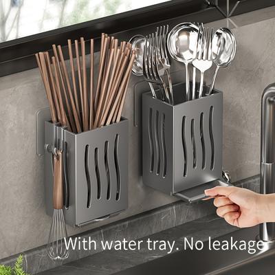 Wall-mounted Kitchen Storage Cage With A Drain Tray Chopstick Holder Spoon Storage Box Cutlery Draining Box For Kitchen Utensils Kitchen Storage Items