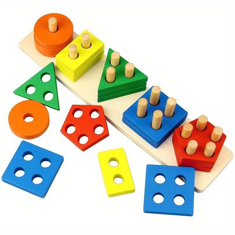 1SET Children's Recycled Wooden Stacked Toys - Educational Color and Shape Classification Puzzles To Develop Fine Motor Skills