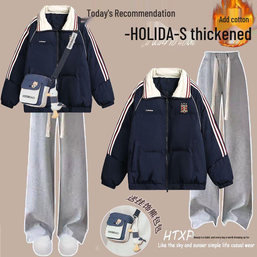 Colorblock Winterset: Lässiger Baumwollmantel im koreanischen Stil & Jeans mit Kordelzug für Studentinnen