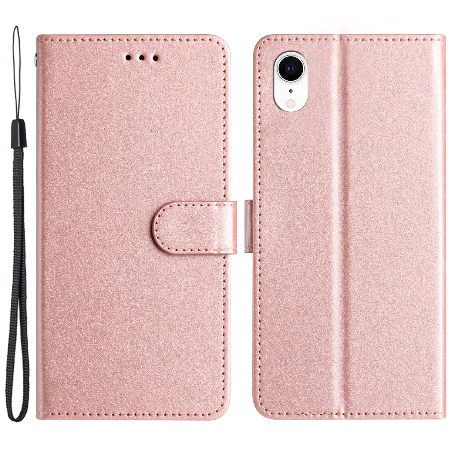 

Wallet Case for iPhone XR 6.1 inch Silk Texture PU Leather Phone Stand Cover with Wrist Strap Rose Gold