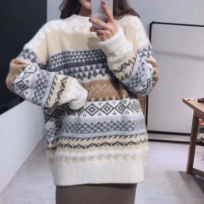 Winter Nieuwe Vintage Trui Dames Gestreepte Truien Koreaanse Vrouwelijke Stijl Buitenkleding Lange Mouw Losse Trui Breiwerk Casual Tops