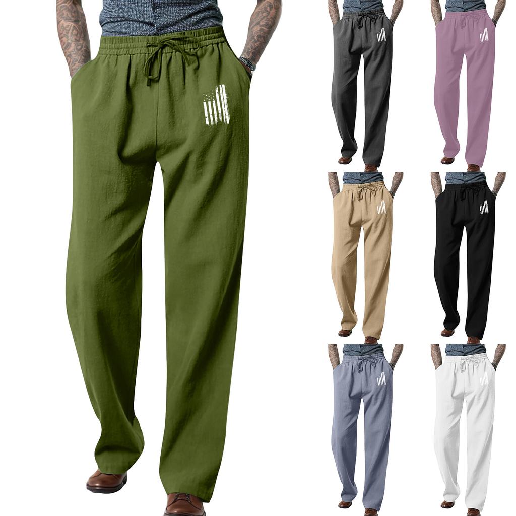 Men's Loose Casual Cotton Linen Trousers Elastic Tie Printed Straight Pants