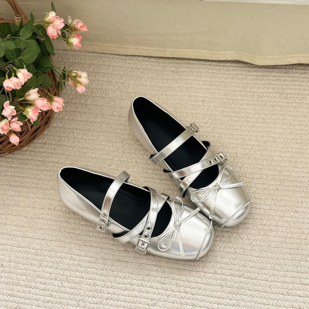 Silver Inner Height Increase 6cm Ballet Single Shoes Women's Summer New French Bow Mary Jane Shoes Flat Large Size Women's Shoes