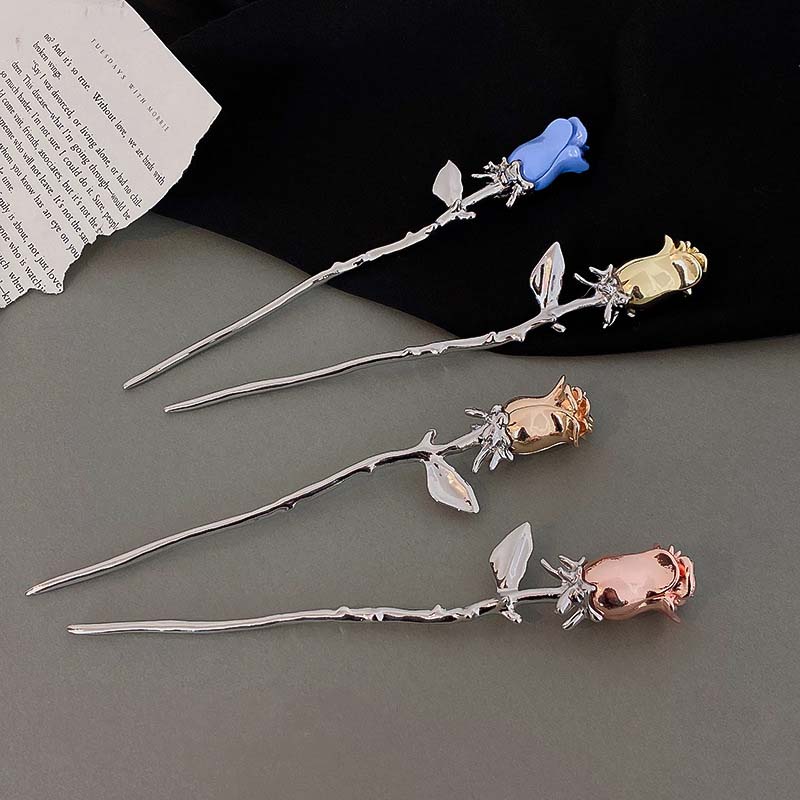 Punk Metal Rose Flower Hair Sticks Hairpins for Women Girls Vintage Chinese Style Flower Hair Clips Pins Hair Accessories