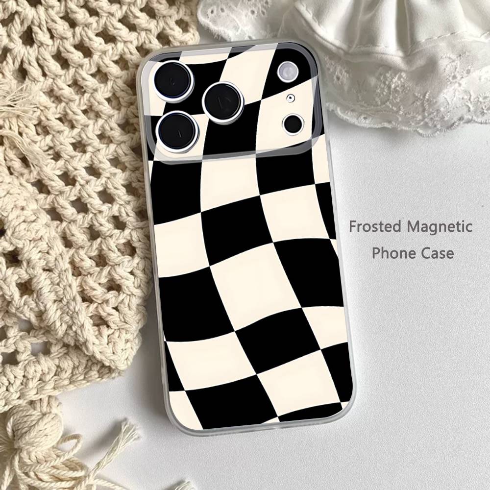 Black White Checkered Phone Case For iPhone 17,16,15,14,13,12,11 Pro,Max,Plus,Mini,Air,E Magnetic Frosted Clear