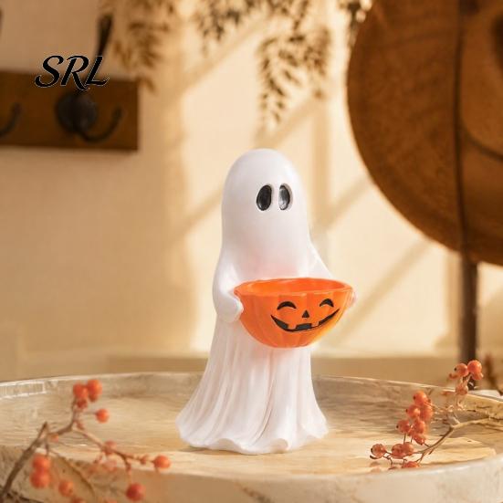 Piccole Statuette per Camera da Letto Statua Fantasma in Resina con Ciotola Caramelle Zucca Decorazione Tavolo Halloween, Dettagliate Figure da Tavolo Carino Organizer da Scrivania Soggiorno