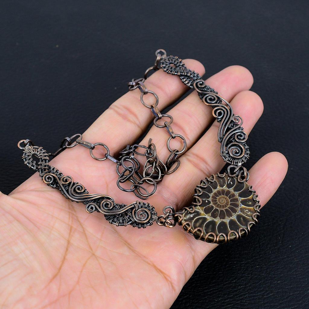 Ammonite Fossil 999 Copper Wire Wrapped Necklace with Adjustable Chain, Handmade Gemstone Jewelry Necklace For Memorial Day