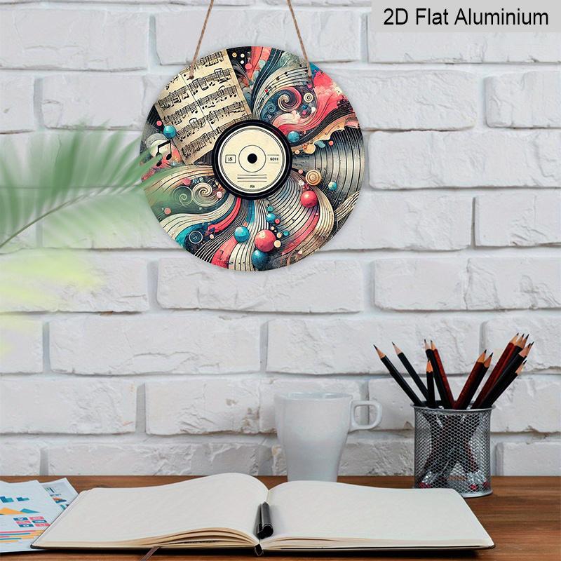 2D Flat, 1pc Round Aluminum Abstract Vinyl Record Metal Sign, Vintage Sheet Music & Artistic Swirl Wall Plaque, Waterproof Rustproof Decor, Perfect