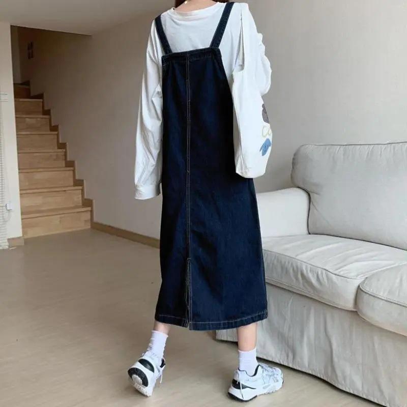 College Style Slimming Denim Jumper Dress - Korean Mid-Length, Casual & Versatile