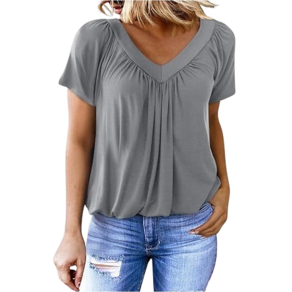 Damen Freizeit Farbe V-Ausschnitt Falten Kurzarm Top V-Ausschnitt Falten Kurzarm Top