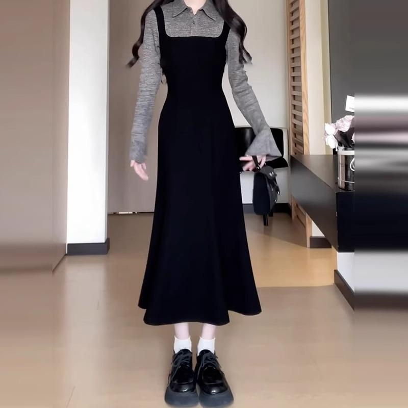 Miu Style Autumn/Winter Korean Long Sleeve Layered Dress - Elegant French Chic